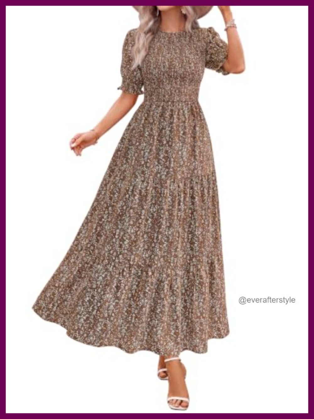 Floral Fit & Flare Maxi Dress Smocked Tiered Short Puff Sleeves